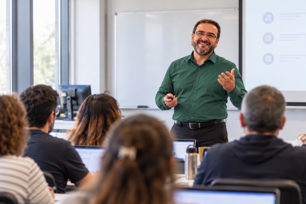 Jerson Fuentes, con camisa verde, capacita de pie a un grupo de alumnos con notebooks en una sala luminosa