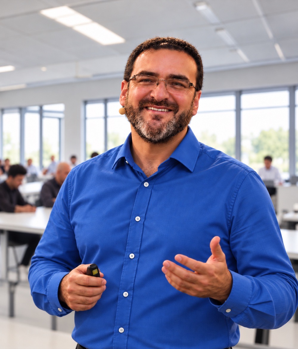Jerson Fuentes, fundador de La Demo, sonríe con camisa azul y micrófono de diadema, frente a alumnos en una sala blanca